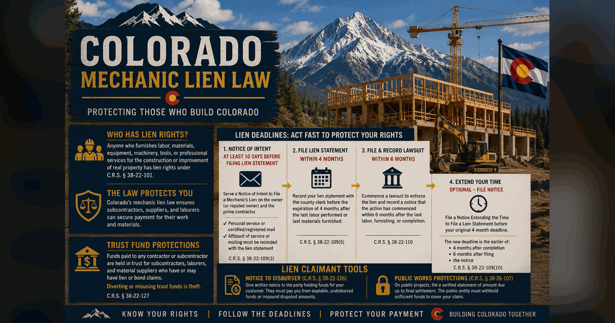 Colorado Mechanic Lien Law infographic — who has lien rights, the trust fund protections, and the lien deadlines: serve the Notice of Intent at least 10 days before filing, record the Lien Statement within 4 months, file suit within 6 months, plus the optional Notice Extending the Time to File.