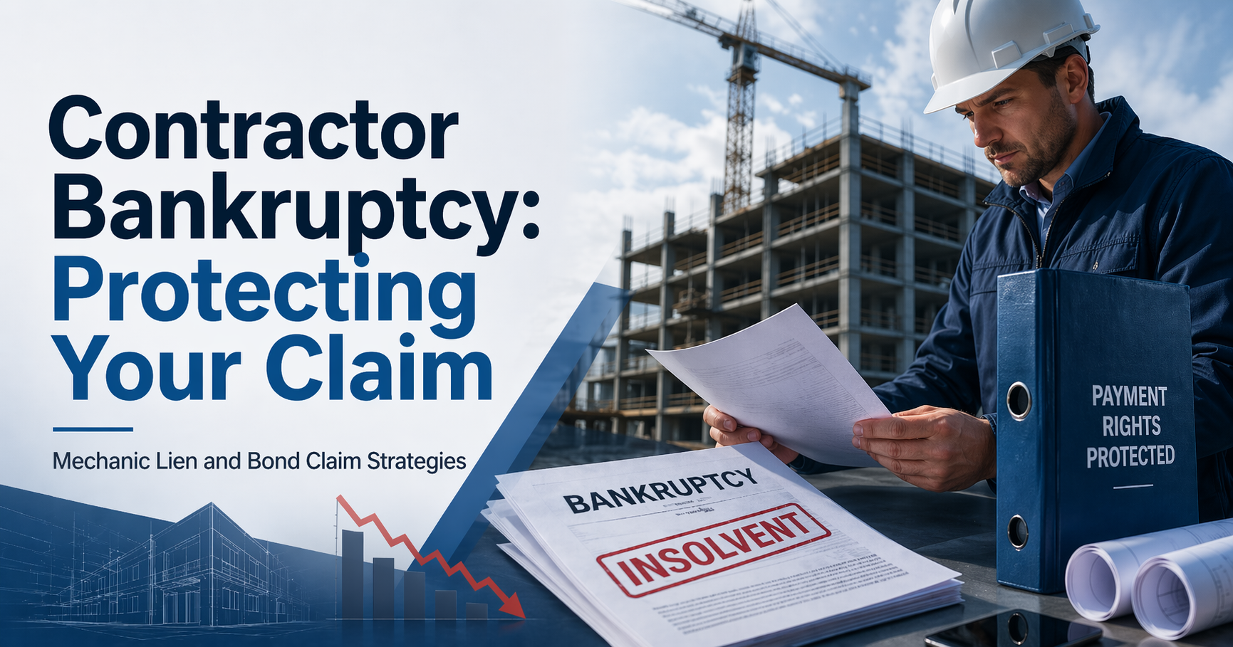 Contractor Bankruptcy: Protecting Your Claim — construction professional reviewing insolvency paperwork with a binder labeled Payment Rights Protected, with a construction site in the background.