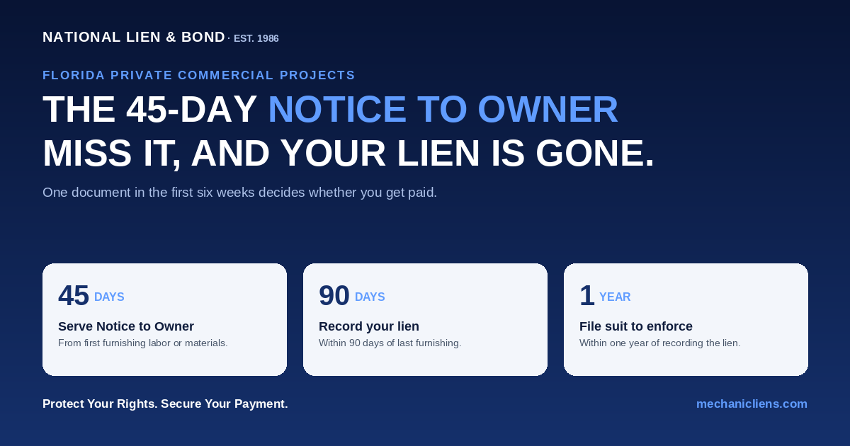 Florida's 45-Day Notice to Owner timeline — serve the Notice to Owner within 45 days of first furnishing, record your mechanic's lien within 90 days of last furnishing, and file suit to enforce within one year of recording.