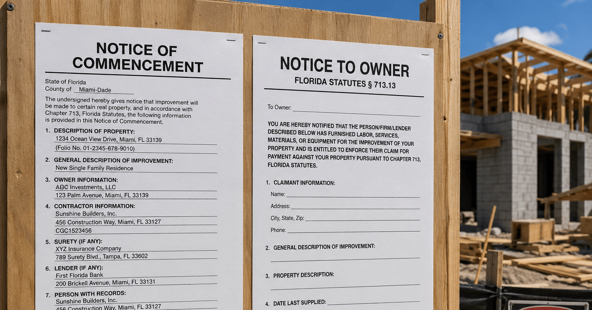 A Florida Notice of Commencement and a Notice to Owner under Florida Statutes § 713.13 posted side by side on a plywood board at a residential construction job site.