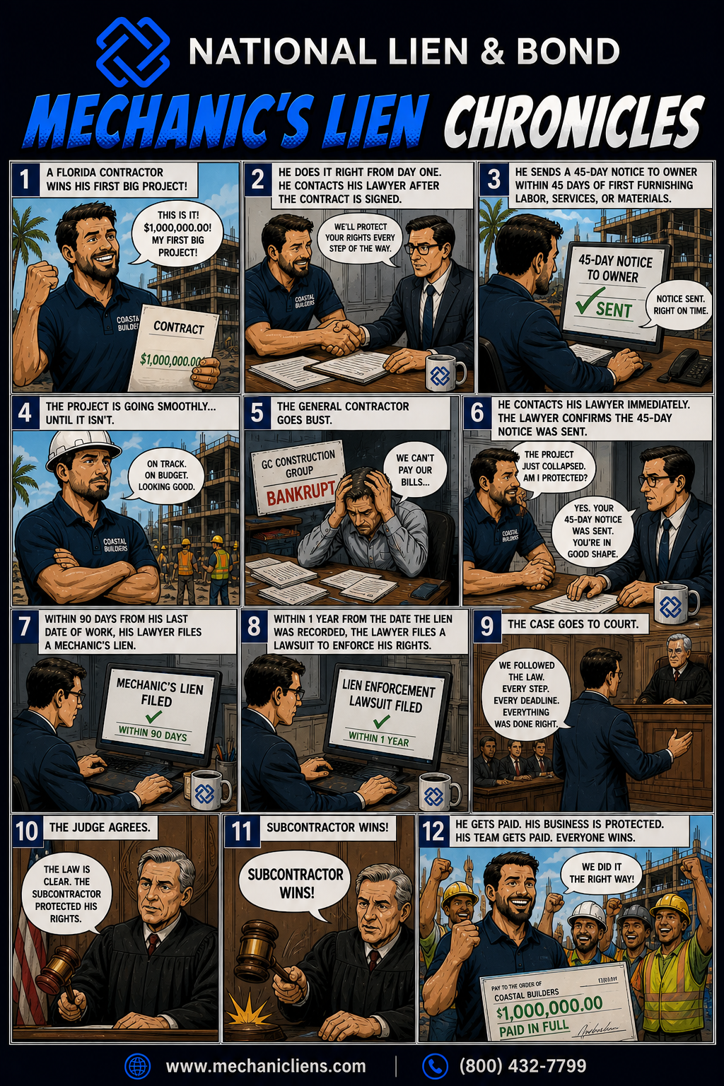 Mechanic's Lien Chronicles — a 12-panel comic following a Florida subcontractor who serves a 45-day Notice to Owner, files his lien, and gets paid in full when the general contractor goes bankrupt.