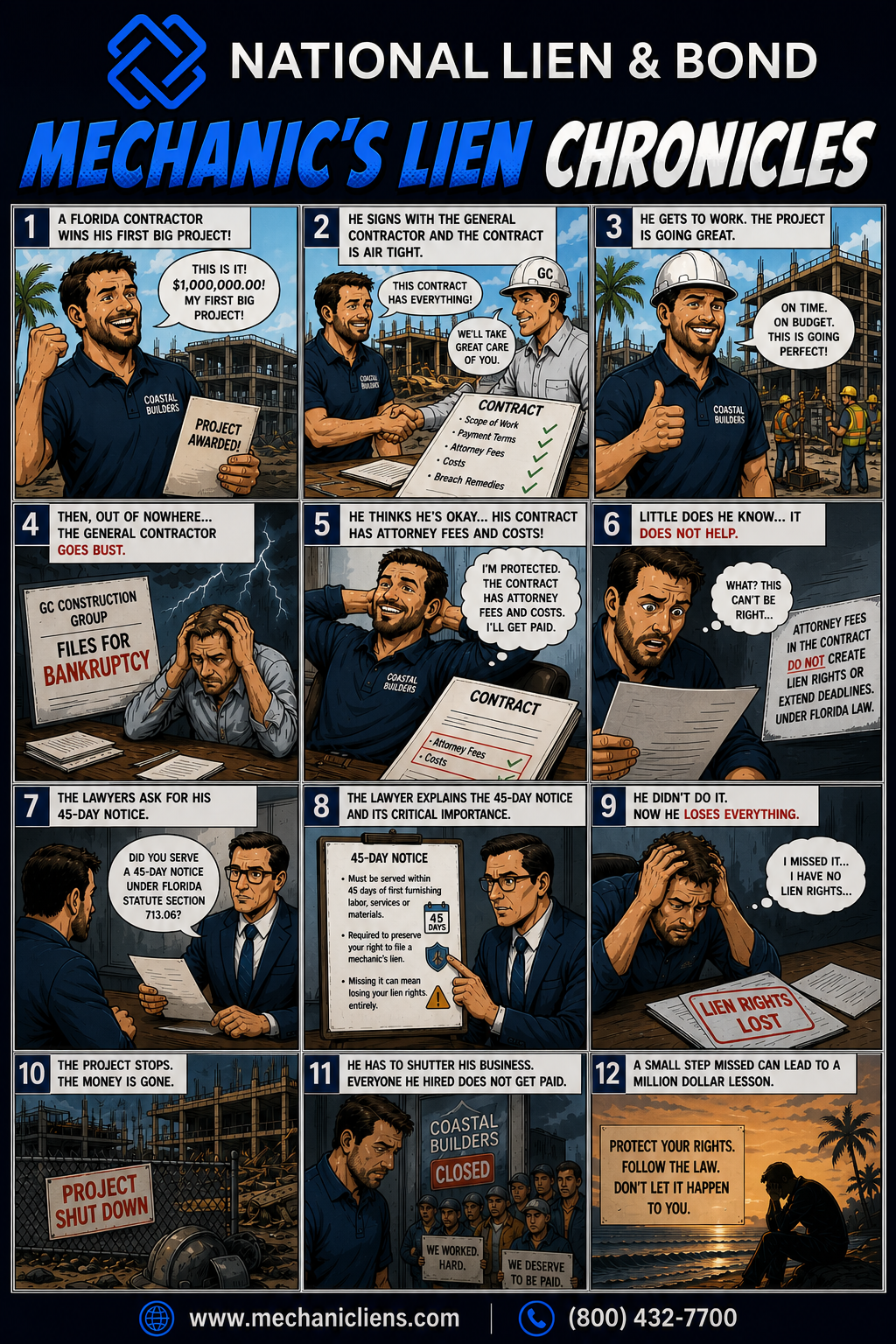 Mechanic's Lien Chronicles — The Wrong Way: 12-panel comic showing a Florida subcontractor who skipped the 45-day Notice to Owner, watched his $1,000,000 receivable disappear when the general contractor filed for bankruptcy, and ultimately closed his business.