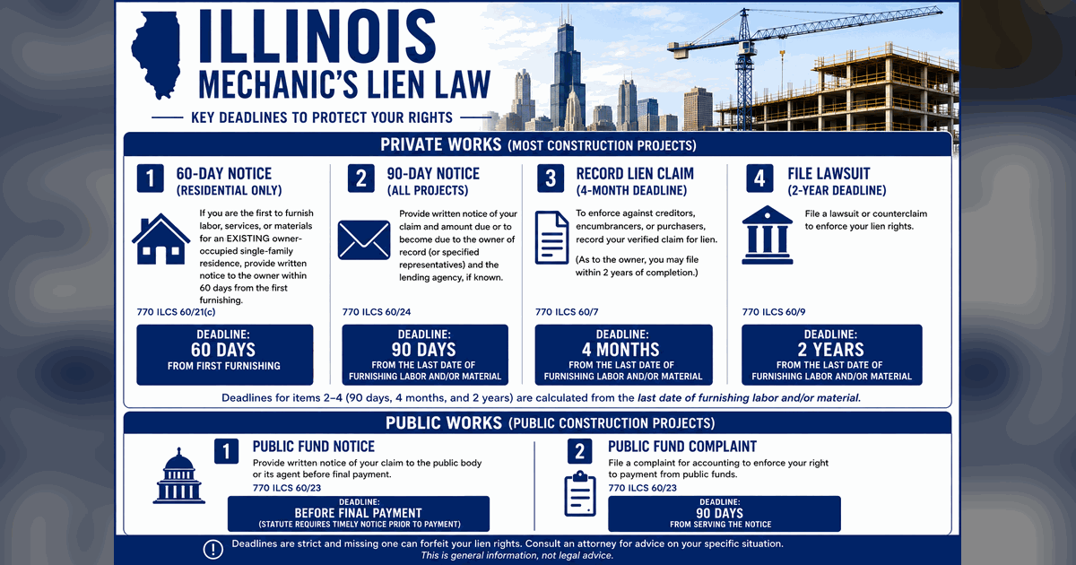 Illinois Mechanic's Lien Law infographic — key deadlines to protect subcontractor payment rights: 60-day residential notice (770 ILCS 60/21(c)), 90-day notice (60/24), 4-month lien recording (60/7), 2-year lawsuit deadline (60/9), plus public-works fund notice and 90-day complaint deadlines (60/23).