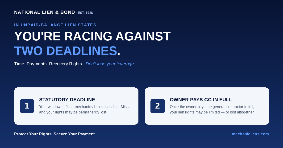 Unpaid-balance lien states infographic — in unpaid balance lien states you are racing against two deadlines: the statutory deadline to file a mechanics lien, and the moment the owner pays the general contractor in full, which can limit or eliminate your lien rights.